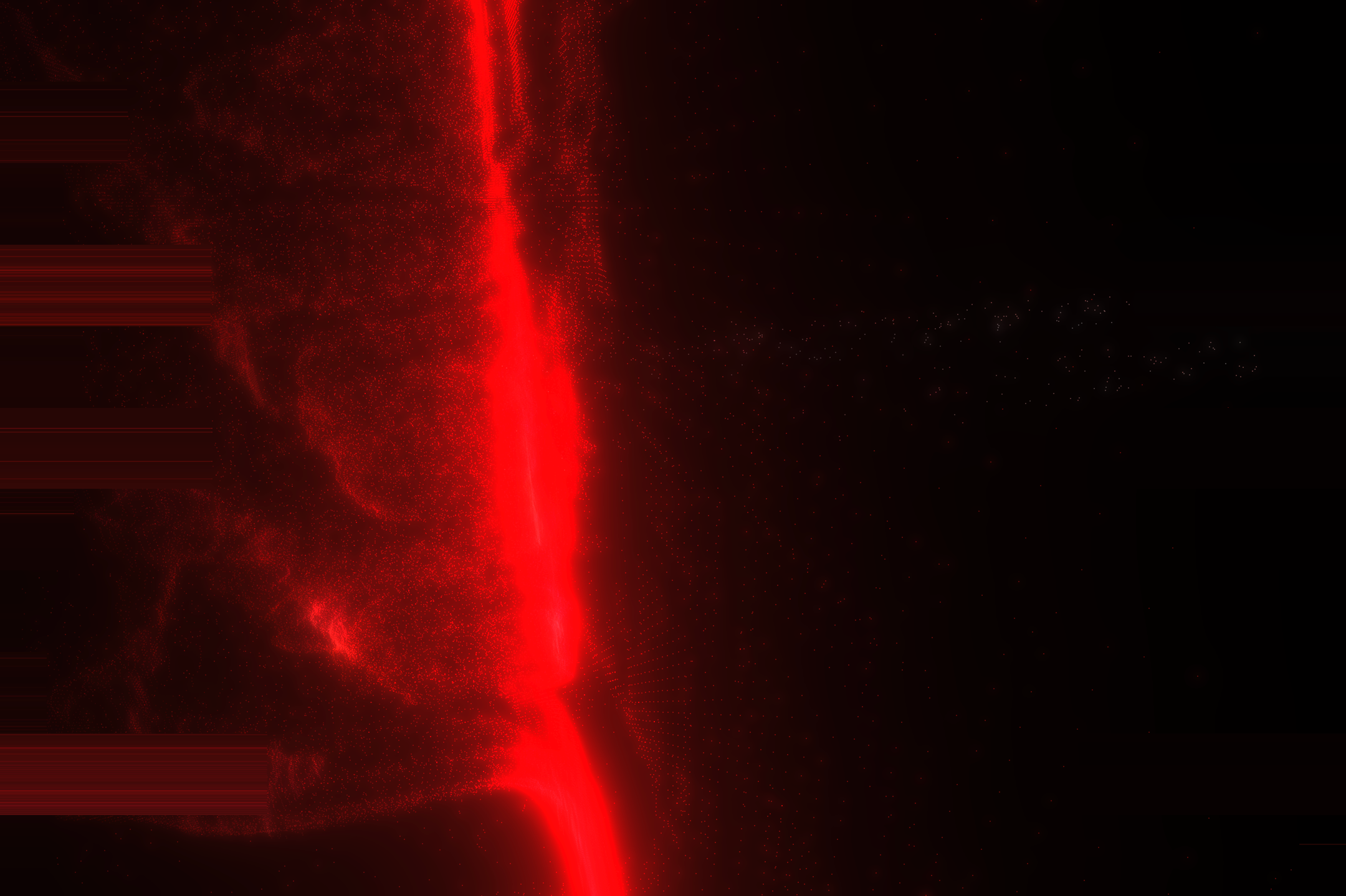 A bright red band of particles running vertically through a dark red particle cloud