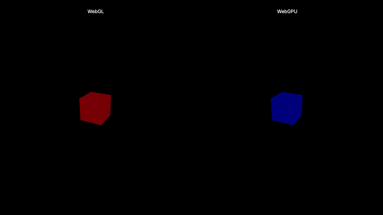 Two identical cubes on a black background: a red one labeled WebGL on the left and a blue one labeled WebGPU on the right